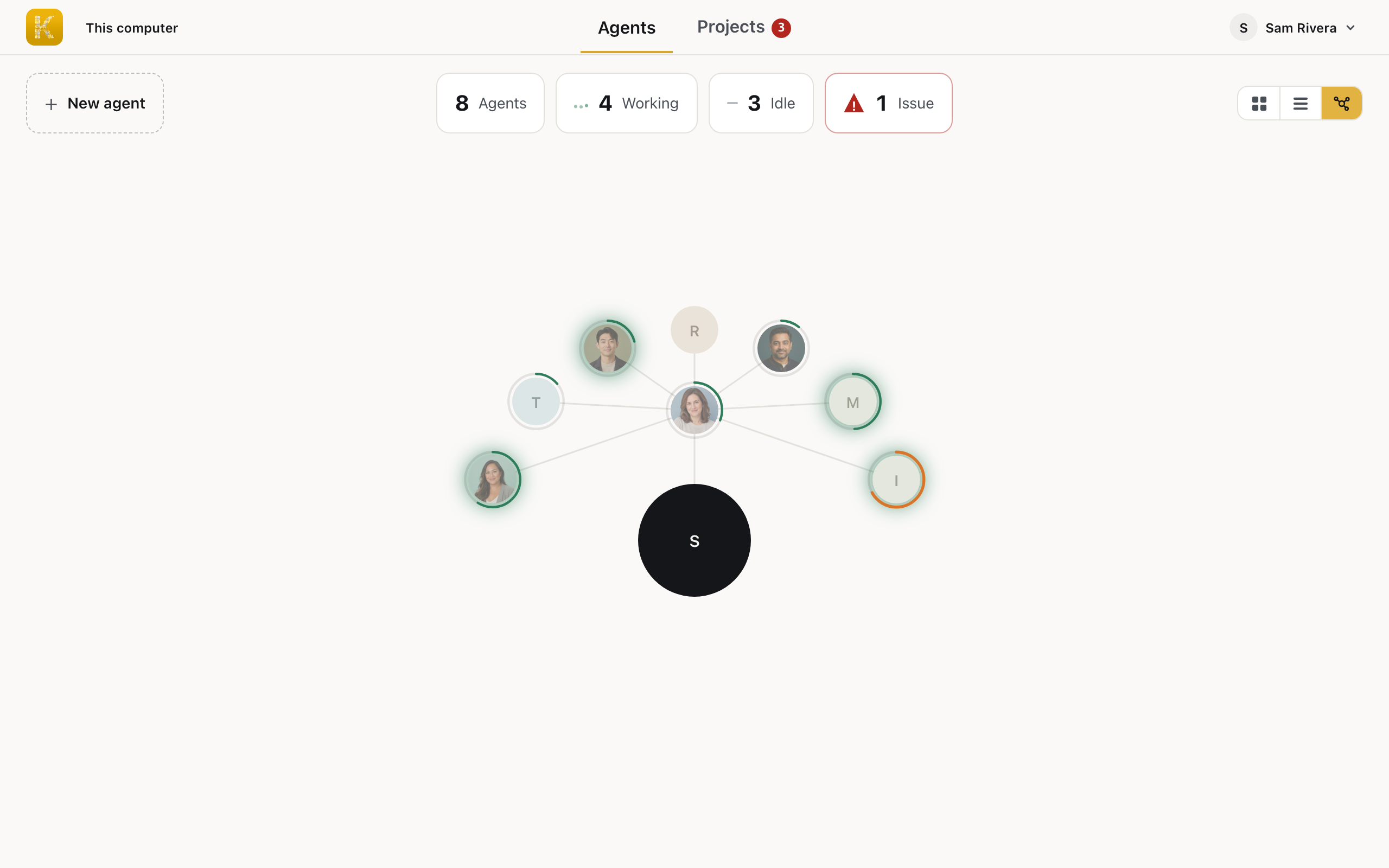 Kosmos org chart: Cleo leads a team of seven agents and reports to you